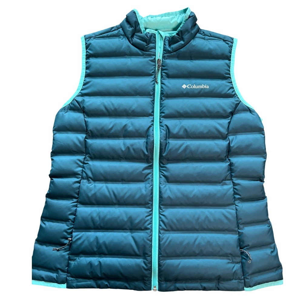 Columbia Down Vest Lake 22 Womens Large Green Teal Blue 650 Fill Full Zip Puffer